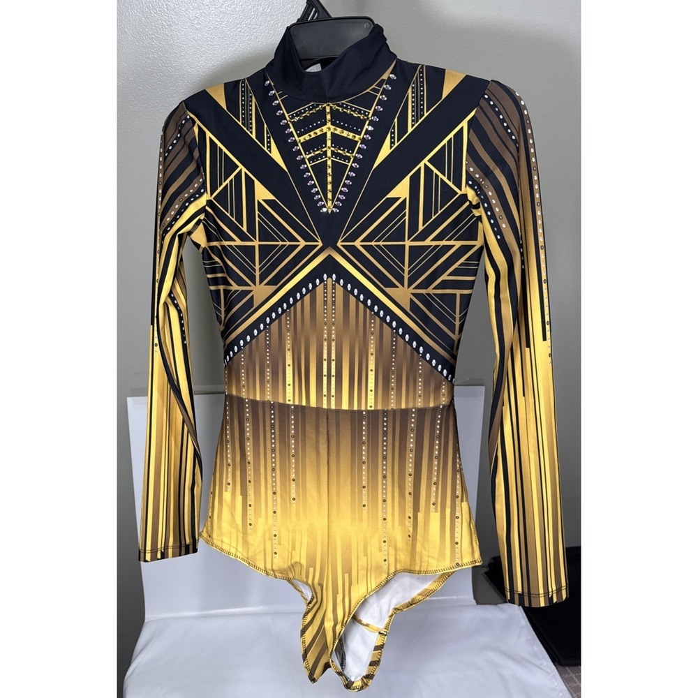 Alexandra Bodysuit Women Adult Medium Gold Black Geometric Rhinestone Dancewear